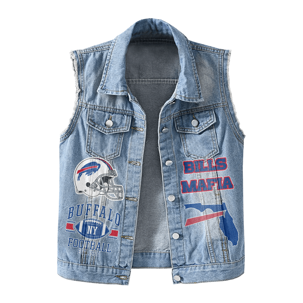 LIMITED EDITION - NEW PREMIUM NFL03 BFB BUFFALO BILLS UNISEX SLEEVELESS DENIM JACKET