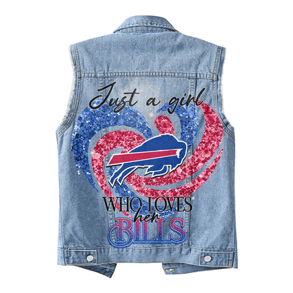 LIMITED EDITION - NEW PREMIUM NFL03 BFB BUFFALO BILLS UNISEX SLEEVELESS DENIM JACKET