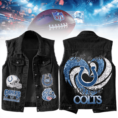 LIMITED EDITION - NEW PREMIUM NFL17 IDC INDIANAPOLIS COLTS UNISEX SLEEVELESS DENIM JACKET