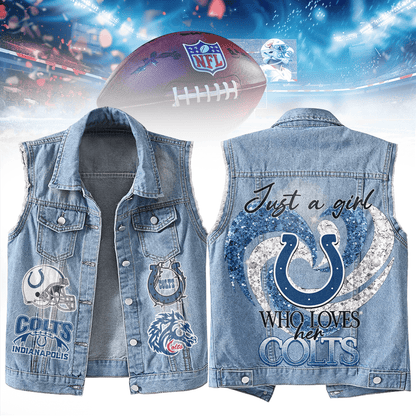 LIMITED EDITION - NEW PREMIUM NFL17 IDC INDIANAPOLIS COLTS UNISEX SLEEVELESS DENIM JACKET