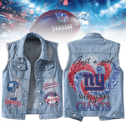 LIMITED EDITION - NEW PREMIUM NFL32 NYG NEW YORK GIANTS UNISEX SLEEVELESS DENIM JACKET