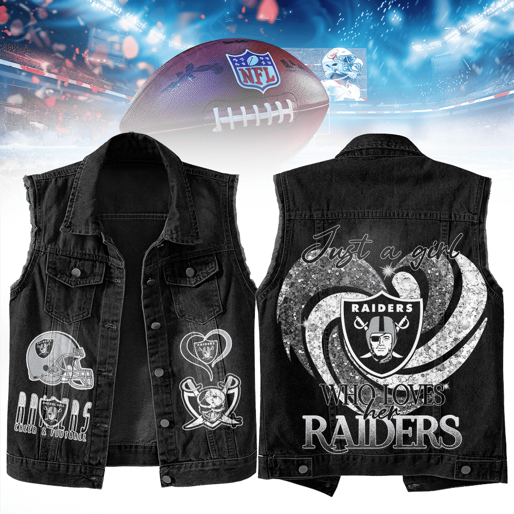 LIMITED EDITION - NEW PREMIUM NFL07 LVR LAS VEGAS RAIDERS UNISEX SLEEVELESS DENIM JACKET