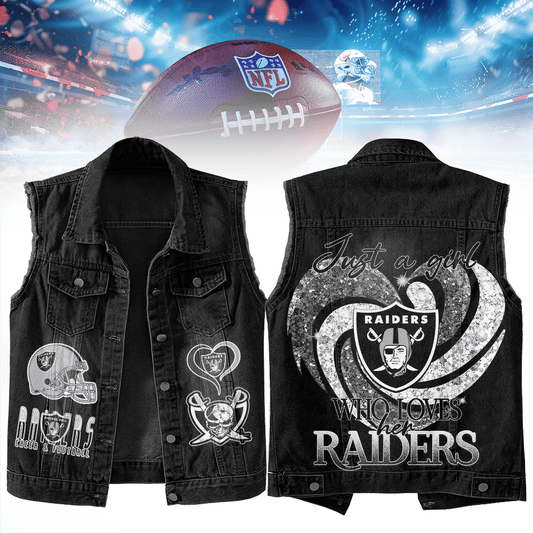 LIMITED EDITION - NEW PREMIUM NFL07 LVR LAS VEGAS RAIDERS UNISEX SLEEVELESS DENIM JACKET