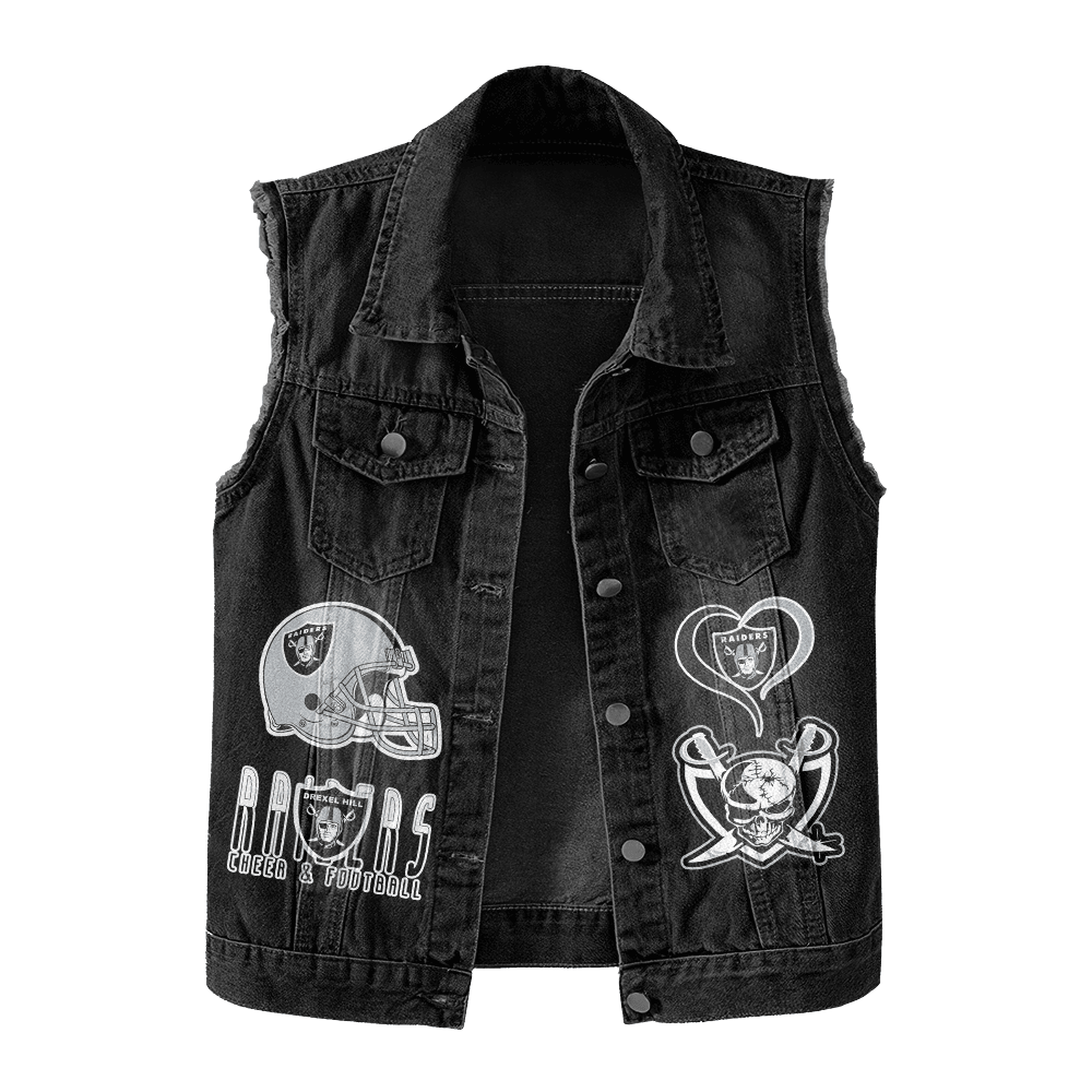 LIMITED EDITION - NEW PREMIUM NFL07 LVR LAS VEGAS RAIDERS UNISEX SLEEVELESS DENIM JACKET