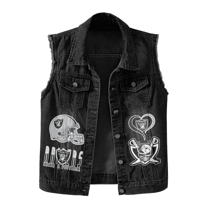 LIMITED EDITION - NEW PREMIUM NFL07 LVR LAS VEGAS RAIDERS UNISEX SLEEVELESS DENIM JACKET
