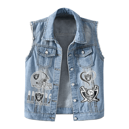 LIMITED EDITION - NEW PREMIUM NFL07 LVR LAS VEGAS RAIDERS UNISEX SLEEVELESS DENIM JACKET