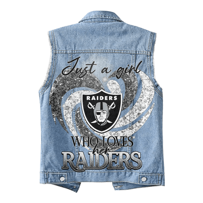 LIMITED EDITION - NEW PREMIUM NFL07 LVR LAS VEGAS RAIDERS UNISEX SLEEVELESS DENIM JACKET