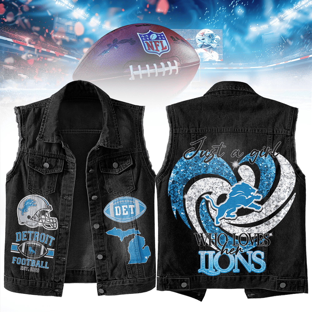 LIMITED EDITION - NEW PREMIUM NFL04 DTL DETROIT LIONS UNISEX SLEEVELESS DENIM JACKET