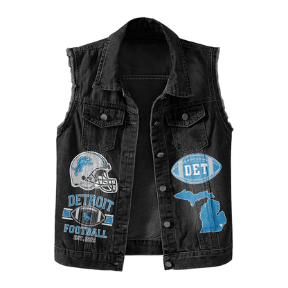 LIMITED EDITION - NEW PREMIUM NFL04 DTL DETROIT LIONS UNISEX SLEEVELESS DENIM JACKET