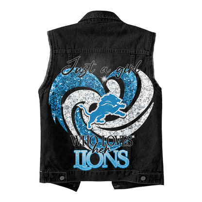 LIMITED EDITION - NEW PREMIUM NFL04 DTL DETROIT LIONS UNISEX SLEEVELESS DENIM JACKET