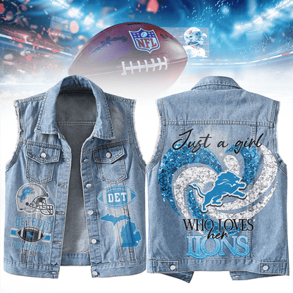 LIMITED EDITION - NEW PREMIUM NFL04 DTL DETROIT LIONS UNISEX SLEEVELESS DENIM JACKET