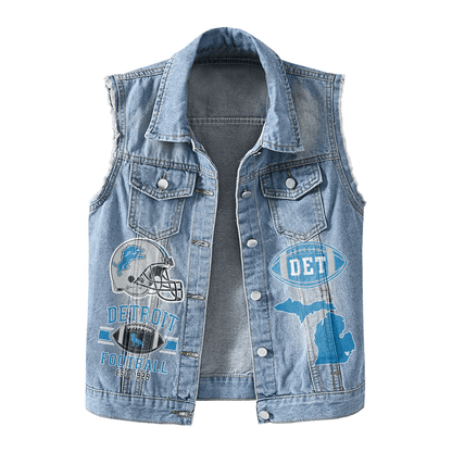 LIMITED EDITION - NEW PREMIUM NFL04 DTL DETROIT LIONS UNISEX SLEEVELESS DENIM JACKET