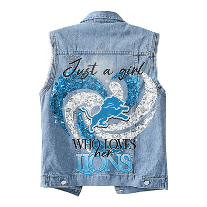 LIMITED EDITION - NEW PREMIUM NFL04 DTL DETROIT LIONS UNISEX SLEEVELESS DENIM JACKET