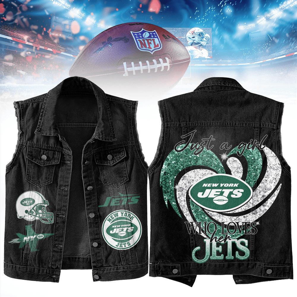 LIMITED EDITION - NEW PREMIUM NFL25 NYJ NEW YORK JETS UNISEX SLEEVELESS DENIM JACKET