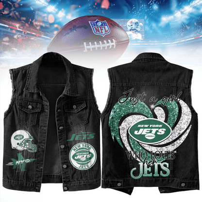 LIMITED EDITION - NEW PREMIUM NFL25 NYJ NEW YORK JETS UNISEX SLEEVELESS DENIM JACKET