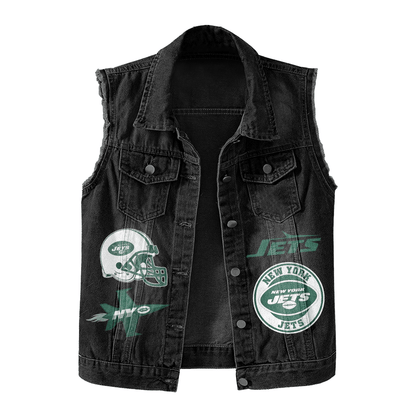 LIMITED EDITION - NEW PREMIUM NFL25 NYJ NEW YORK JETS UNISEX SLEEVELESS DENIM JACKET
