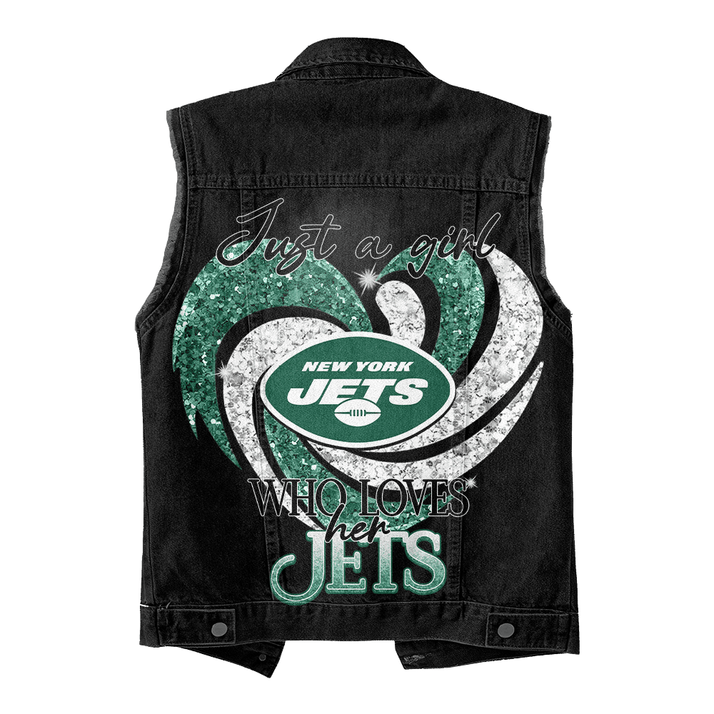 LIMITED EDITION - NEW PREMIUM NFL25 NYJ NEW YORK JETS UNISEX SLEEVELESS DENIM JACKET