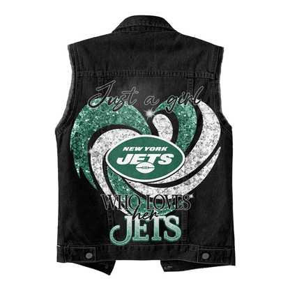LIMITED EDITION - NEW PREMIUM NFL25 NYJ NEW YORK JETS UNISEX SLEEVELESS DENIM JACKET