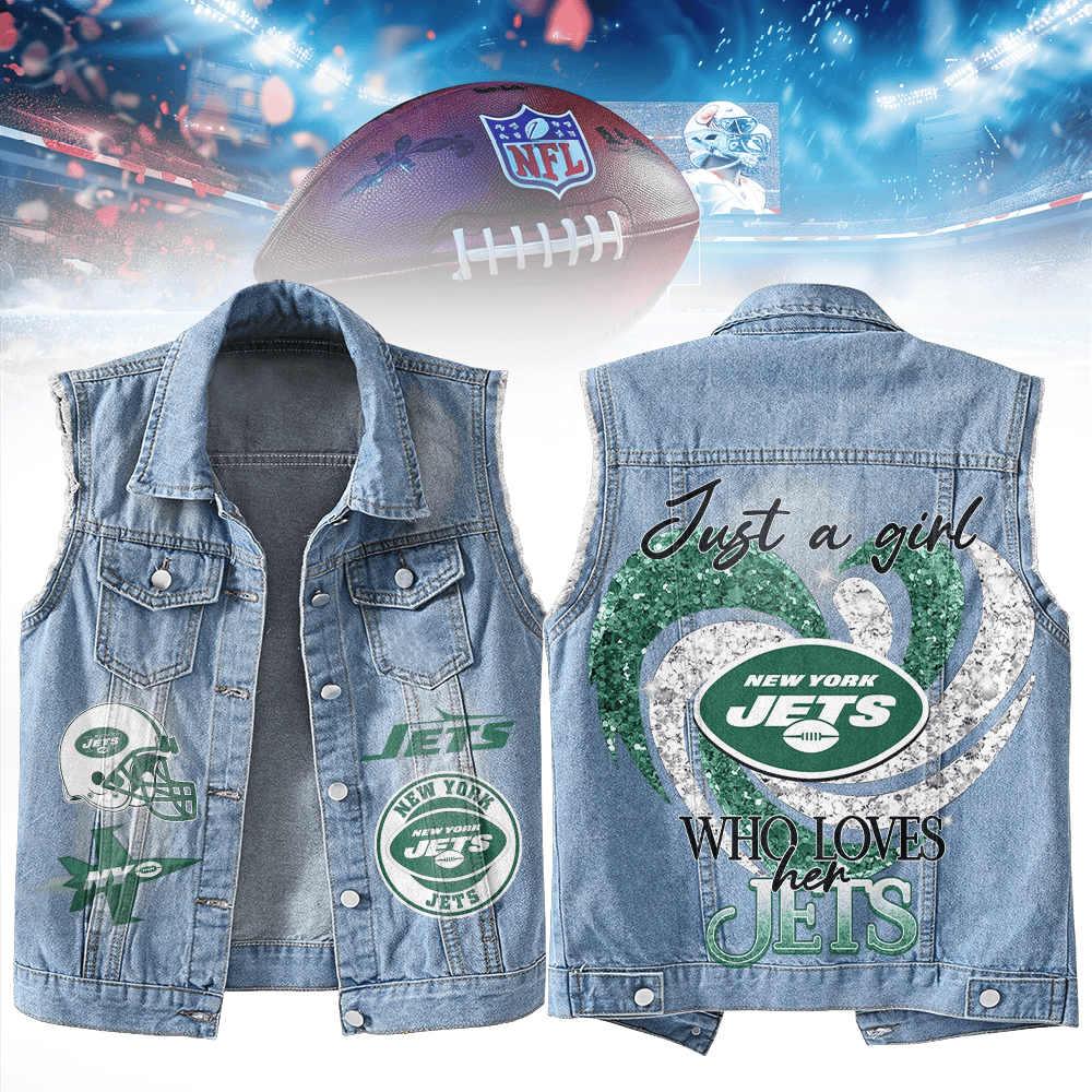 LIMITED EDITION - NEW PREMIUM NFL25 NYJ NEW YORK JETS UNISEX SLEEVELESS DENIM JACKET