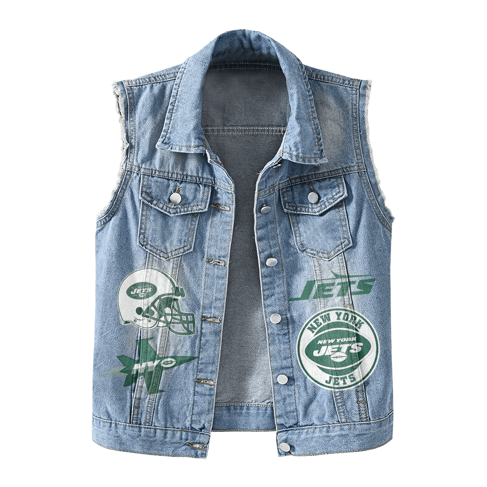 LIMITED EDITION - NEW PREMIUM NFL25 NYJ NEW YORK JETS UNISEX SLEEVELESS DENIM JACKET