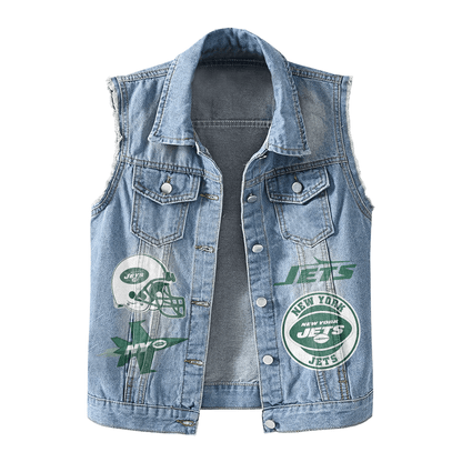 LIMITED EDITION - NEW PREMIUM NFL25 NYJ NEW YORK JETS UNISEX SLEEVELESS DENIM JACKET