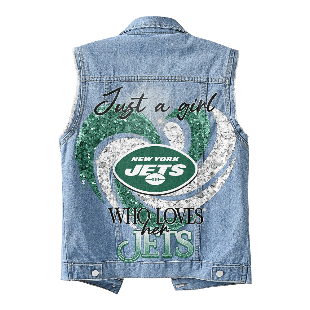 LIMITED EDITION - NEW PREMIUM NFL25 NYJ NEW YORK JETS UNISEX SLEEVELESS DENIM JACKET