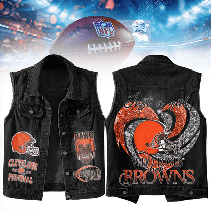 LIMITED EDITION - NEW PREMIUM NFL29 CLB CLEVELAND BROWNS UNISEX SLEEVELESS DENIM JACKET