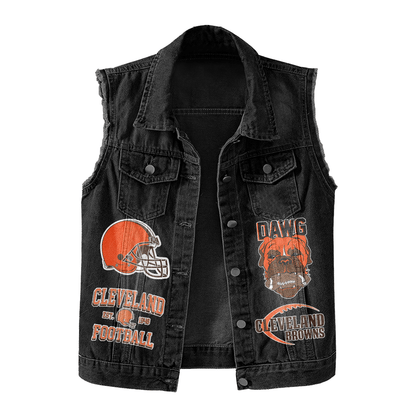 LIMITED EDITION - NEW PREMIUM NFL29 CLB CLEVELAND BROWNS UNISEX SLEEVELESS DENIM JACKET