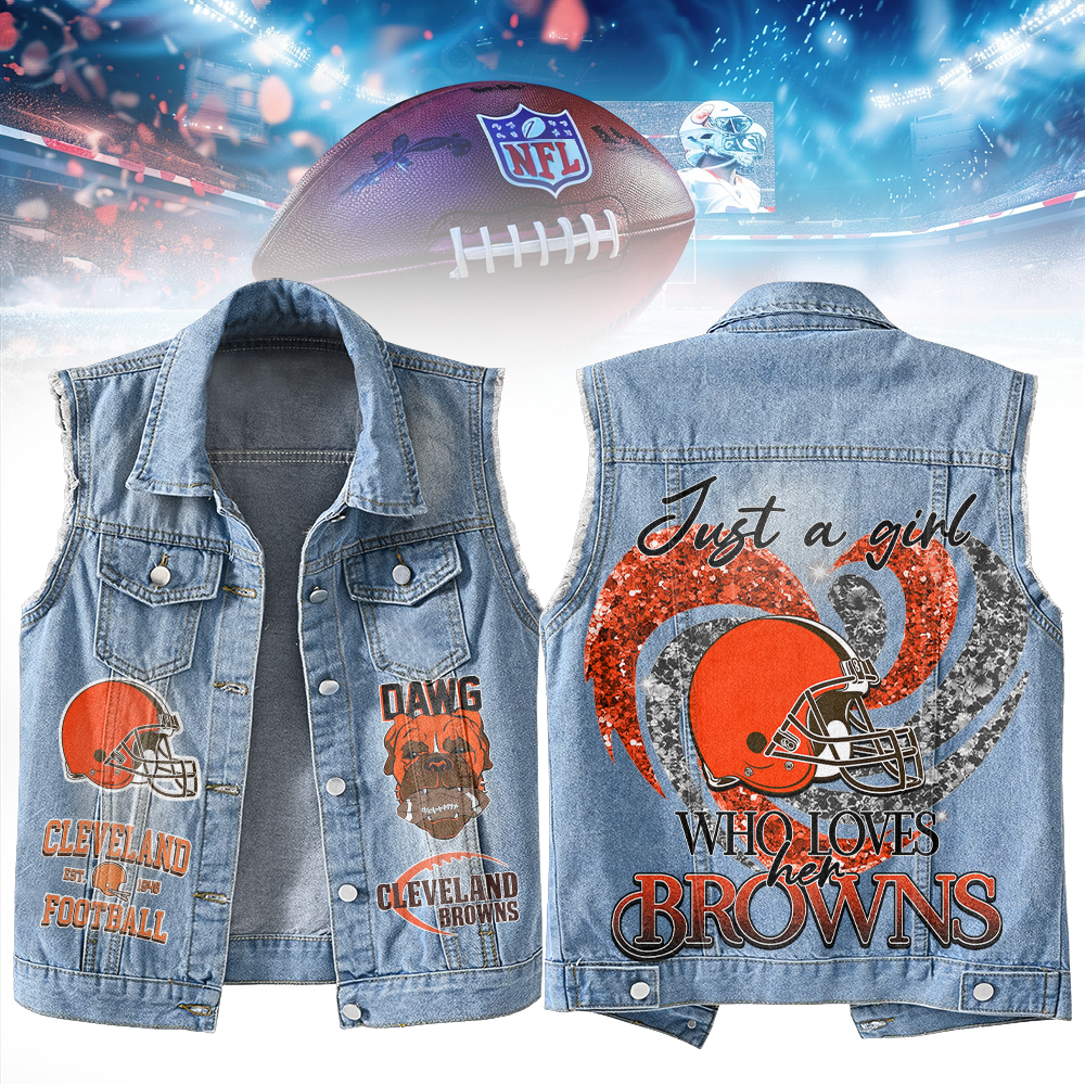 LIMITED EDITION - NEW PREMIUM NFL29 CLB CLEVELAND BROWNS UNISEX SLEEVELESS DENIM JACKET