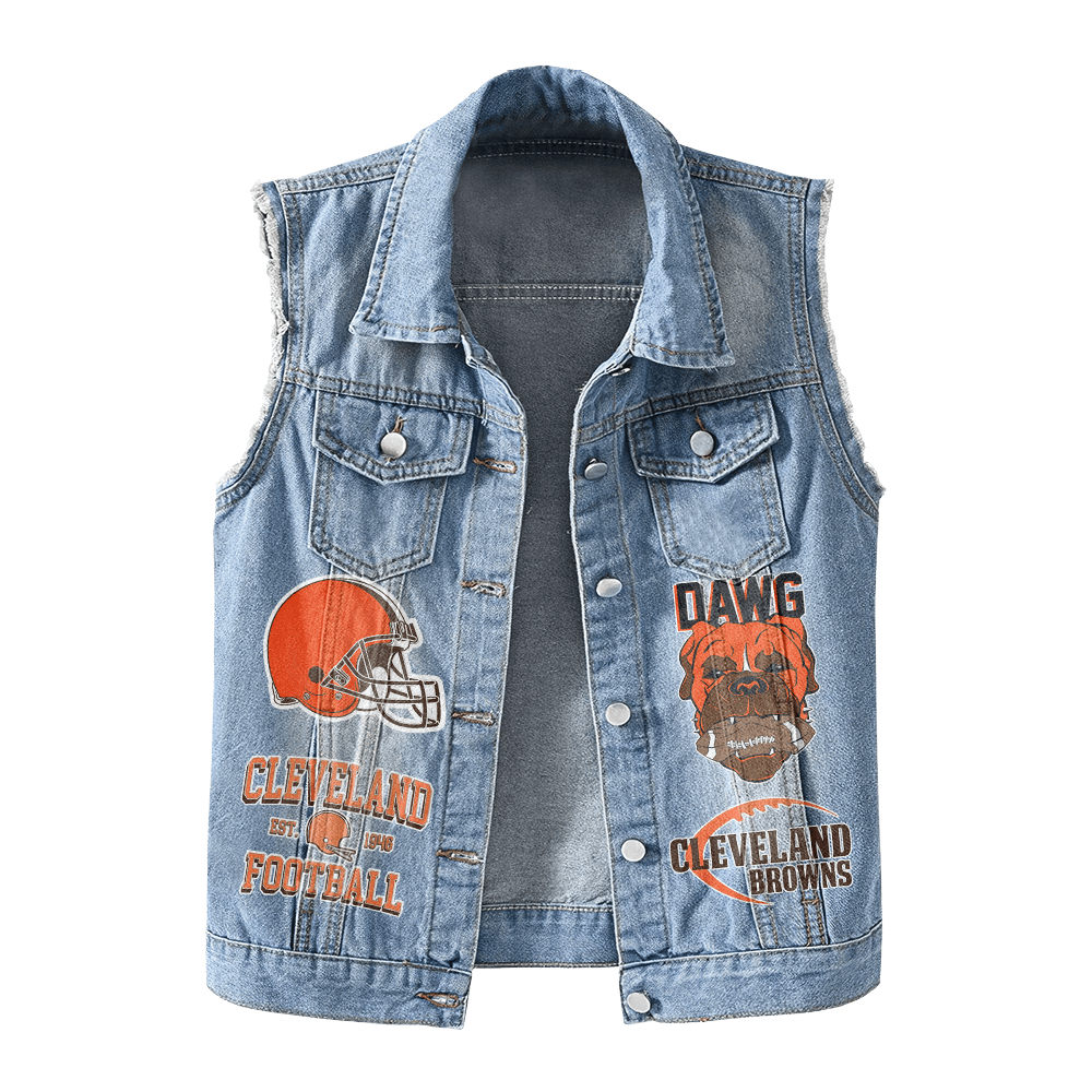 LIMITED EDITION - NEW PREMIUM NFL29 CLB CLEVELAND BROWNS UNISEX SLEEVELESS DENIM JACKET