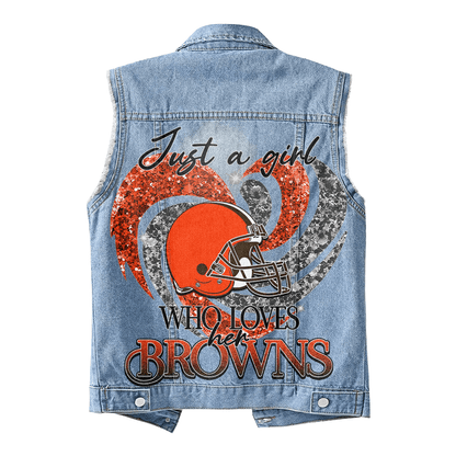 LIMITED EDITION - NEW PREMIUM NFL29 CLB CLEVELAND BROWNS UNISEX SLEEVELESS DENIM JACKET