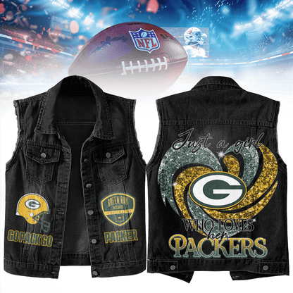 LIMITED EDITION - NEW PREMIUM NFL08 GBP GREEN BAY PACKERS UNISEX SLEEVELESS DENIM JACKET