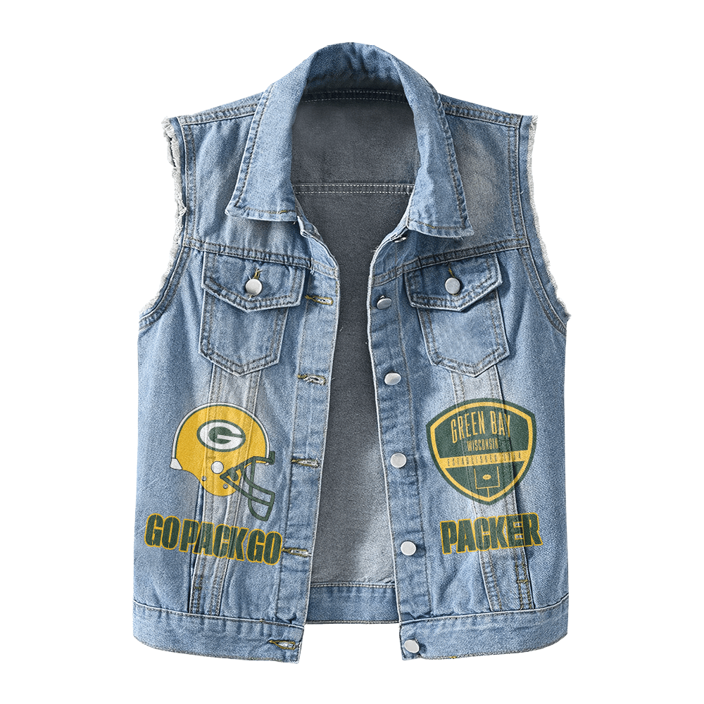 LIMITED EDITION - NEW PREMIUM NFL08 GBP GREEN BAY PACKERS UNISEX SLEEVELESS DENIM JACKET