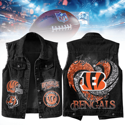 LIMITED EDITION - NEW PREMIUM NFL16 CCB CINCINNATI BENGALS UNISEX SLEEVELESS DENIM JACKET