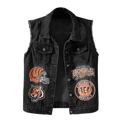 LIMITED EDITION - NEW PREMIUM NFL16 CCB CINCINNATI BENGALS UNISEX SLEEVELESS DENIM JACKET
