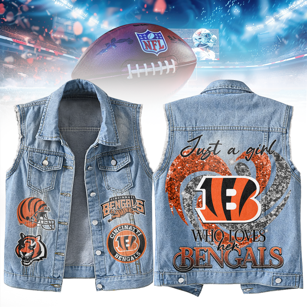 LIMITED EDITION - NEW PREMIUM NFL16 CCB CINCINNATI BENGALS UNISEX SLEEVELESS DENIM JACKET