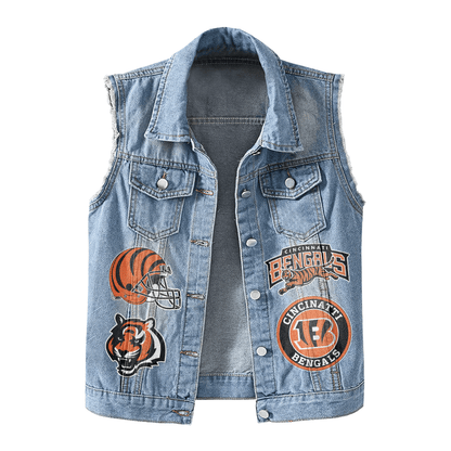 LIMITED EDITION - NEW PREMIUM NFL16 CCB CINCINNATI BENGALS UNISEX SLEEVELESS DENIM JACKET
