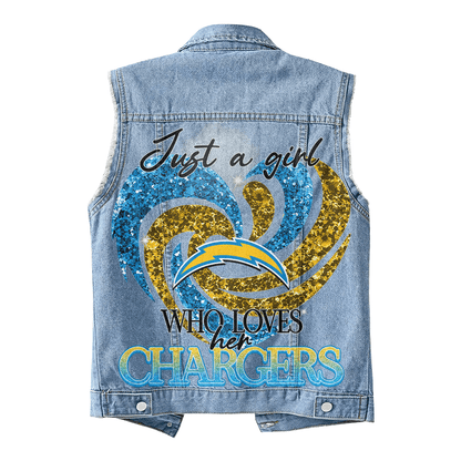 LIMITED EDITION - NEW PREMIUM NFL09 LAC LOS ANGELES CHARGERS UNISEX SLEEVELESS DENIM JACKET