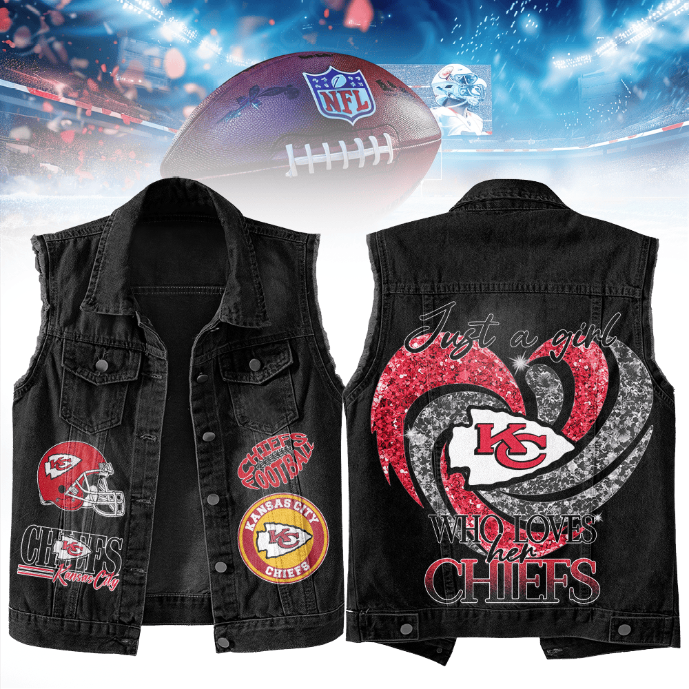 LIMITED EDITION - NEW PREMIUM NFL01 KCC KANSAS CITY CHIEFS UNISEX SLEEVELESS DENIM JACKET
