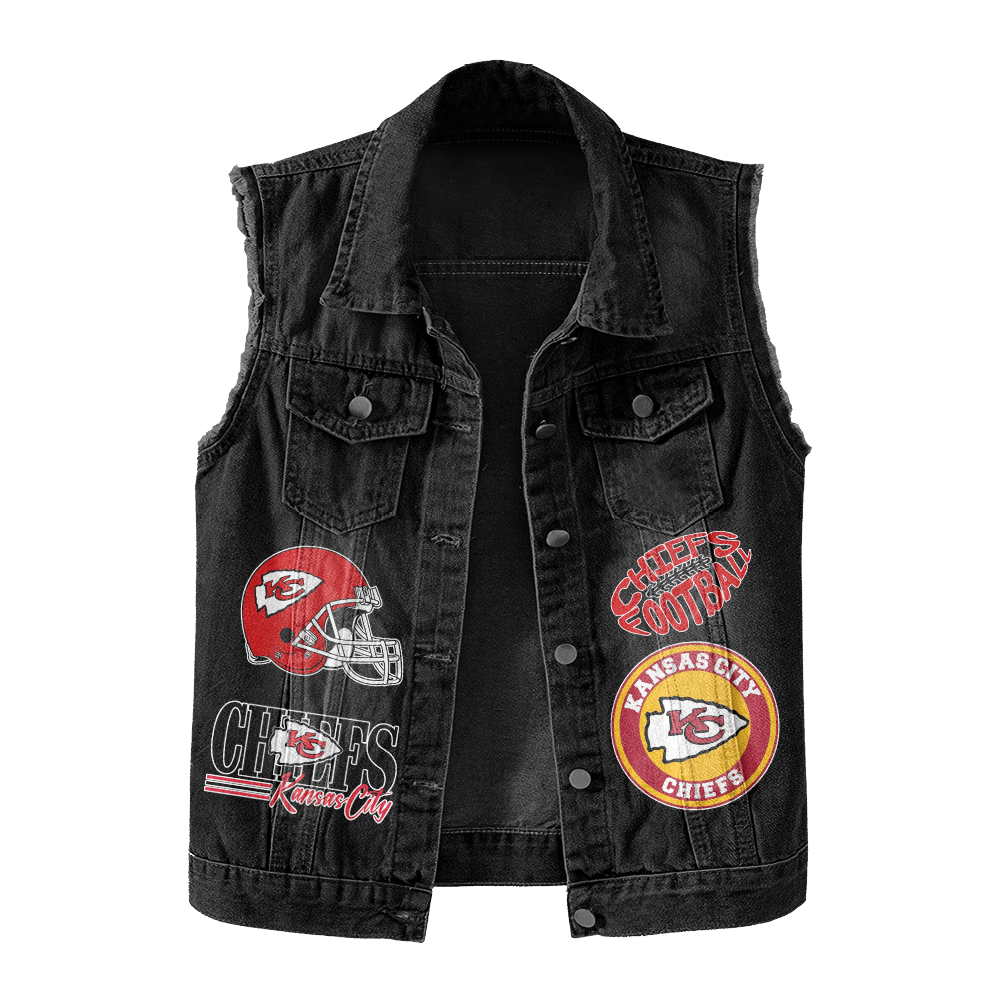 LIMITED EDITION - NEW PREMIUM NFL01 KCC KANSAS CITY CHIEFS UNISEX SLEEVELESS DENIM JACKET
