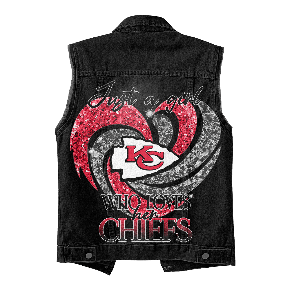 LIMITED EDITION - NEW PREMIUM NFL01 KCC KANSAS CITY CHIEFS UNISEX SLEEVELESS DENIM JACKET