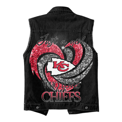 LIMITED EDITION - NEW PREMIUM NFL01 KCC KANSAS CITY CHIEFS UNISEX SLEEVELESS DENIM JACKET