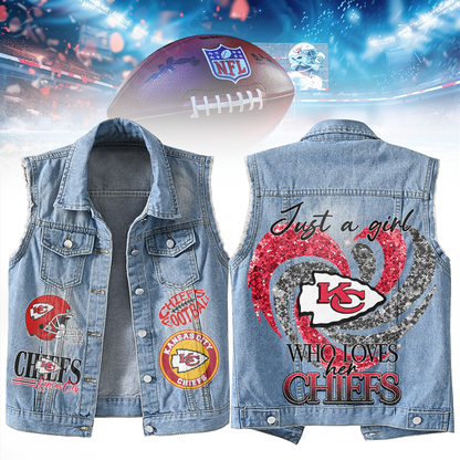 LIMITED EDITION - NEW PREMIUM NFL01 KCC KANSAS CITY CHIEFS UNISEX SLEEVELESS DENIM JACKET
