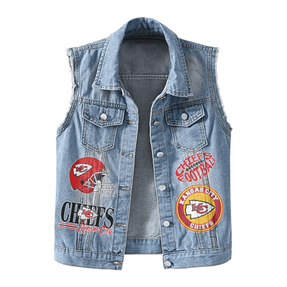 LIMITED EDITION - NEW PREMIUM NFL01 KCC KANSAS CITY CHIEFS UNISEX SLEEVELESS DENIM JACKET