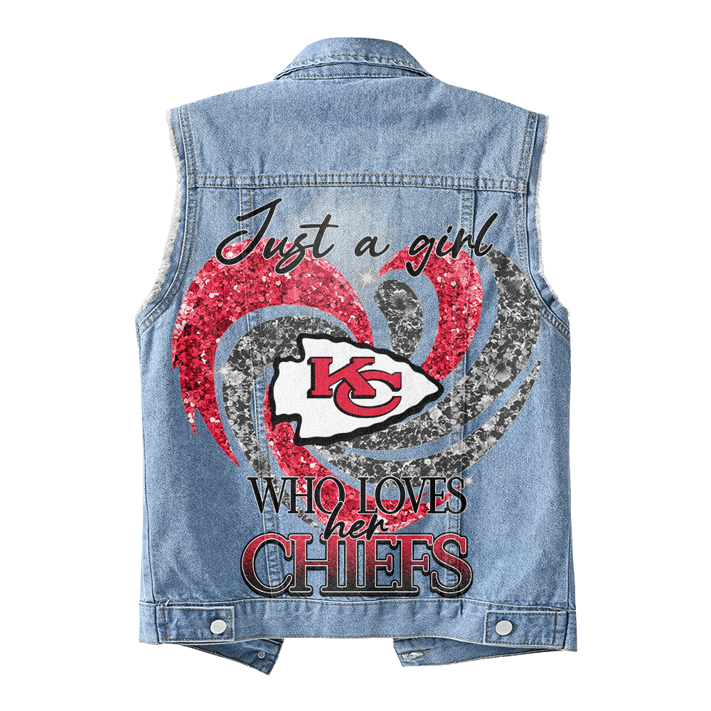 LIMITED EDITION - NEW PREMIUM NFL01 KCC KANSAS CITY CHIEFS UNISEX SLEEVELESS DENIM JACKET