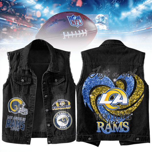 LIMITED EDITION - NEW PREMIUM NFL22 LAR LOS ANGELES RAMS UNISEX SLEEVELESS DENIM JACKET