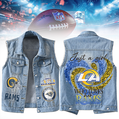 LIMITED EDITION - NEW PREMIUM NFL22 LAR LOS ANGELES RAMS UNISEX SLEEVELESS DENIM JACKET