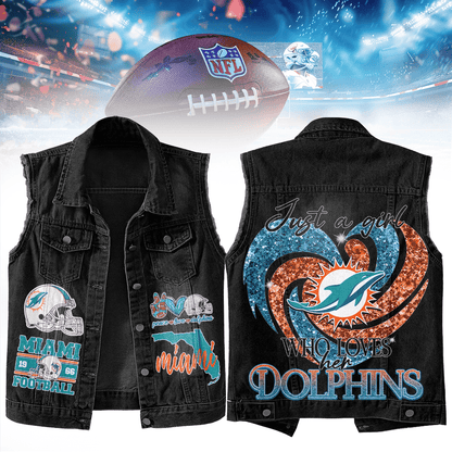 LIMITED EDITION - NEW PREMIUM NFL19 MDP MIAMI DOLPHINS UNISEX SLEEVELESS DENIM JACKET