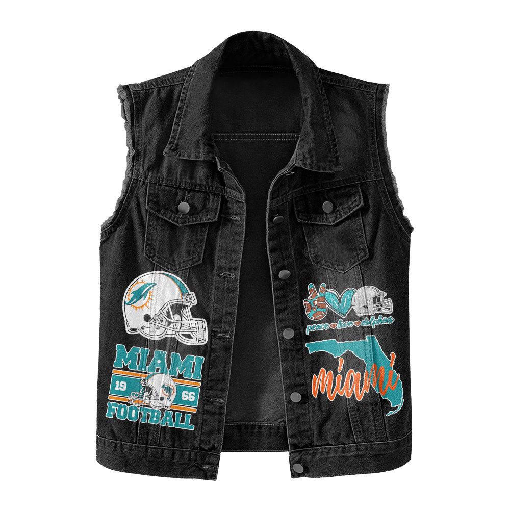 LIMITED EDITION - NEW PREMIUM NFL19 MDP MIAMI DOLPHINS UNISEX SLEEVELESS DENIM JACKET