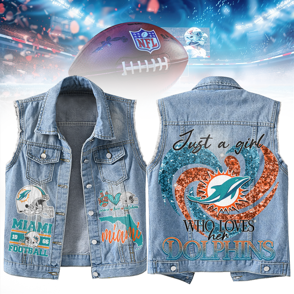 LIMITED EDITION - NEW PREMIUM NFL19 MDP MIAMI DOLPHINS UNISEX SLEEVELESS DENIM JACKET